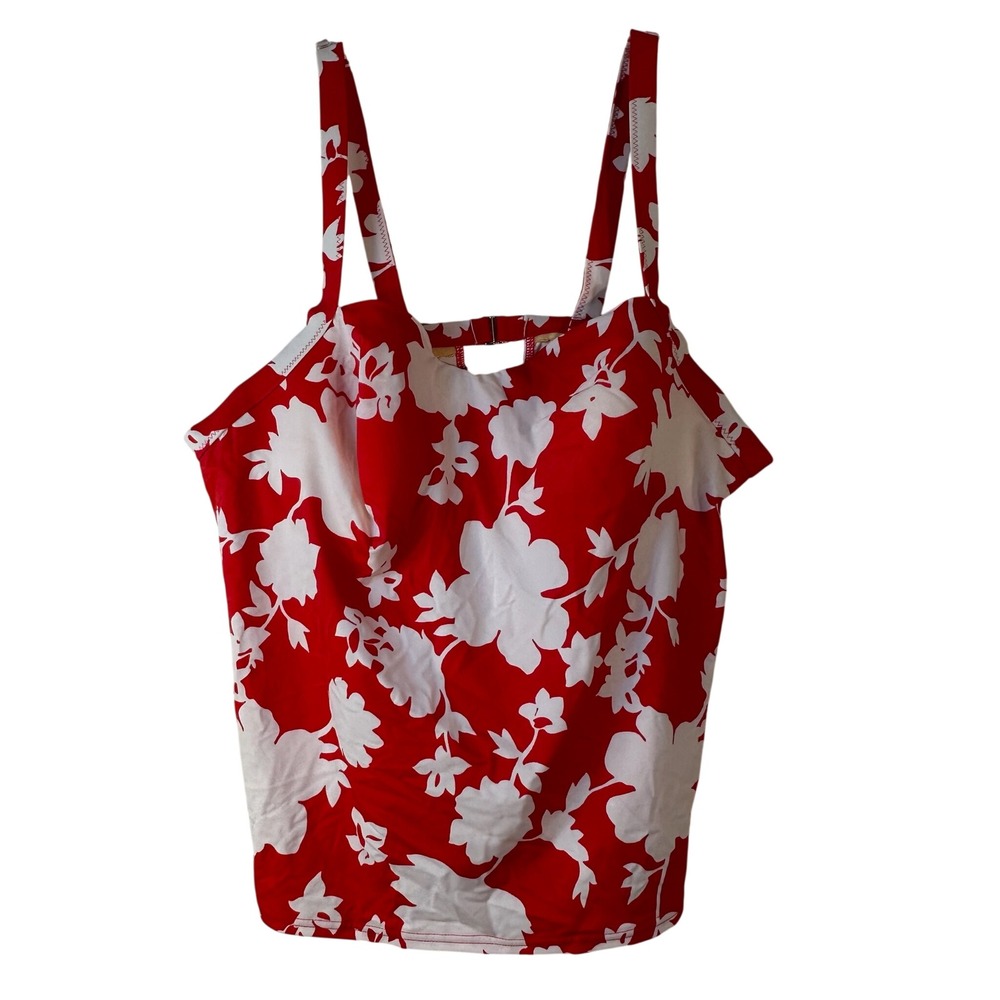 Red White Floral Tankini Swim Top Built-in Bra Underwire Tropical Print